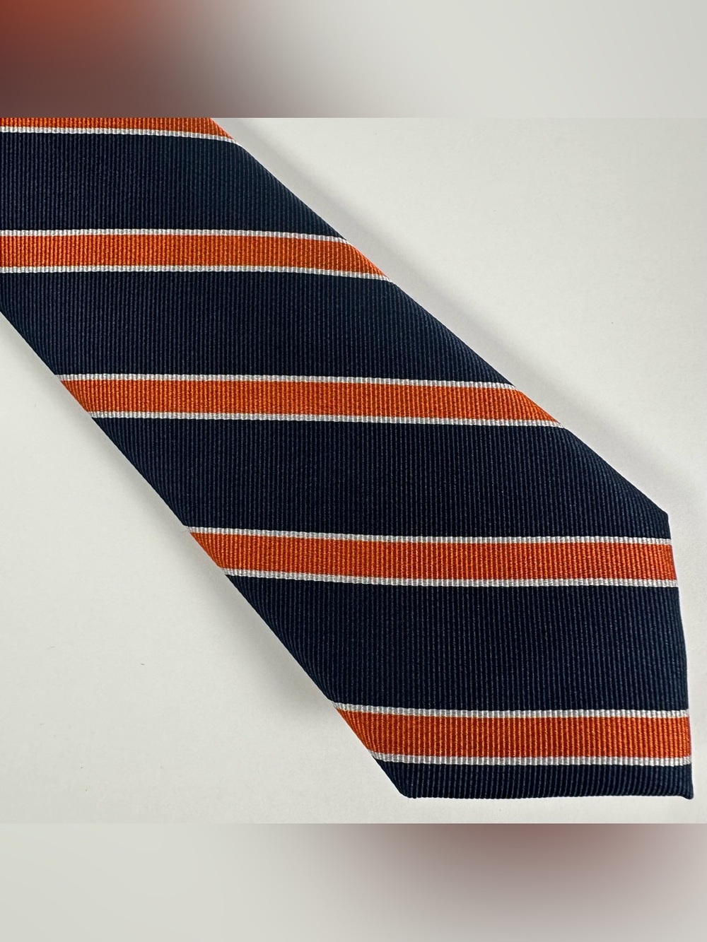 Tommy Hilfiger 100% Silk Repp Tie Navy Blue Orange White Classic Timeless Preppy